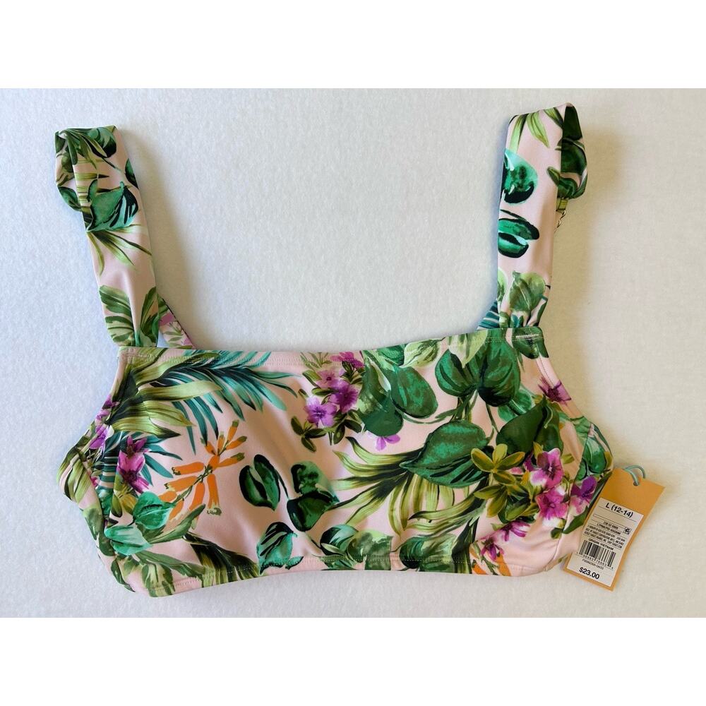 Kona Sol Tropical Pink Botanical Floral Swim Bikini Bandeau Top Large NEW